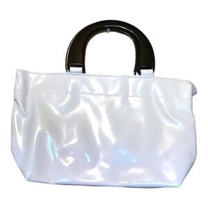 Neiman Marcus White Patent‎ Leather Handbag Purse with Black Plastic Handles